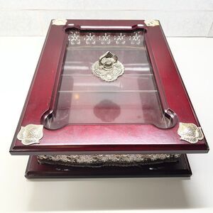 Vintage Arab Cherry Wood Quran Box Glass Top Silver Plated Jeweled Display Case